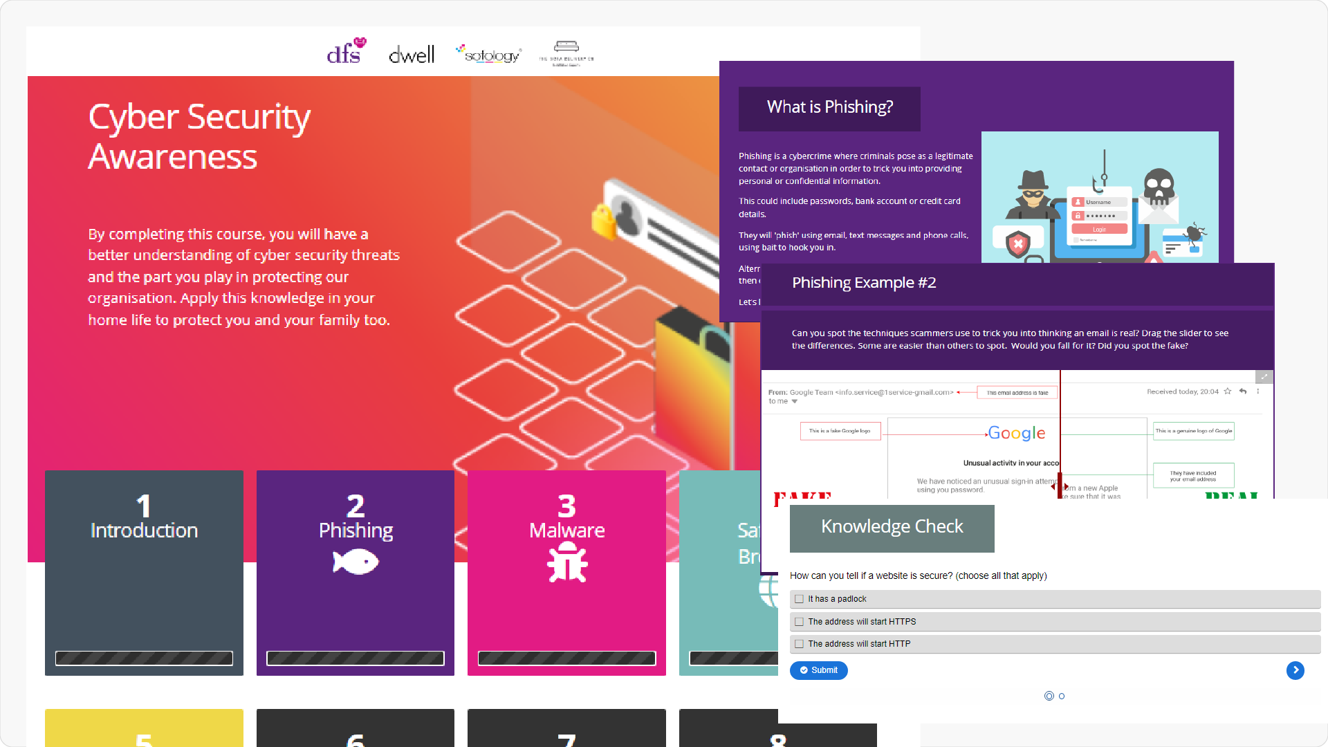 screen shots of elearning module, with the words cyber security